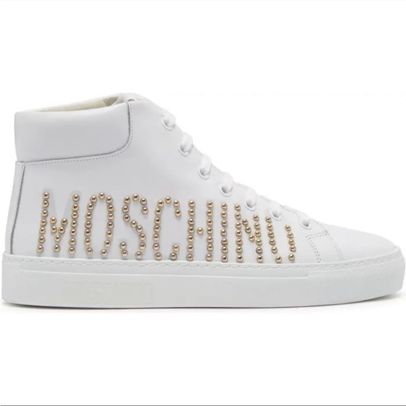 MOSCHINO Leather High Top Sneaker Logo Stud Lace Up White Shoes 8 NWT AUTHENTIC - Picture 7 of 16